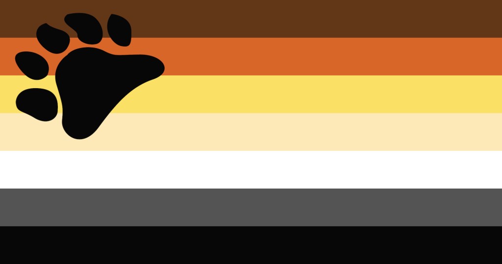 Couleurs du drapeau LGBT Bear Brotherhood : marron, jaune, blanc, gris et noir, avec une empreinte de patte dans le coin supérieur gauche