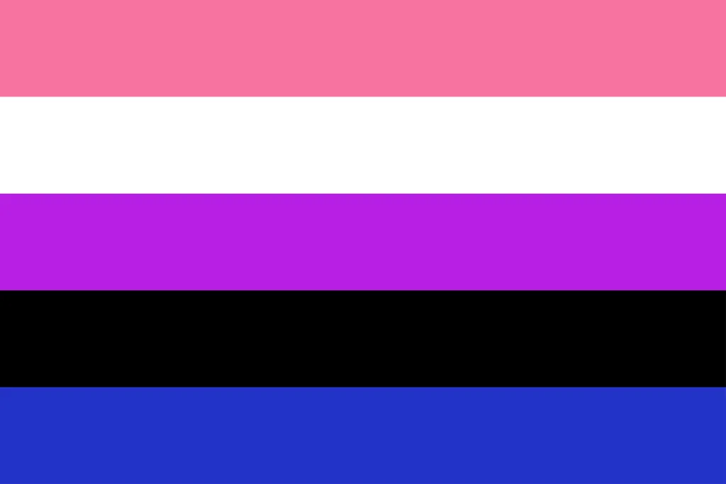 Le drapeau Genderfluid Pride est composé de cinq bandes horizontales : rose, blanche, violette, noire et bleue.