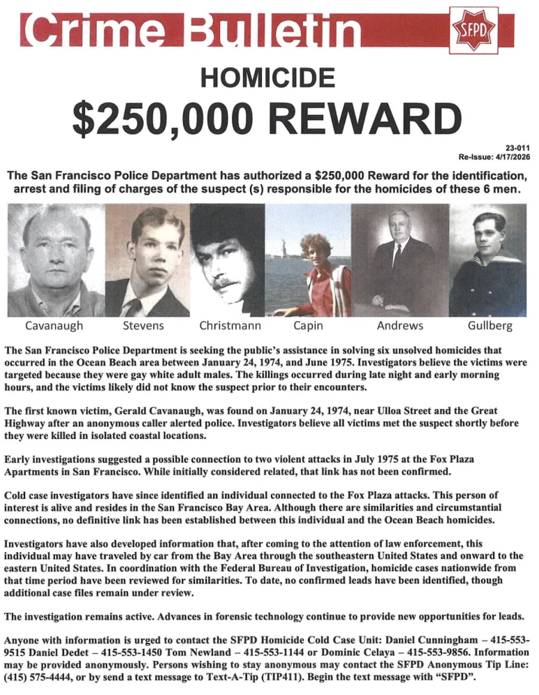 Une affiche du département de police de San Francisco demandant des informations sur les meurtres de six homosexuels blancs en 1974 et 1975.