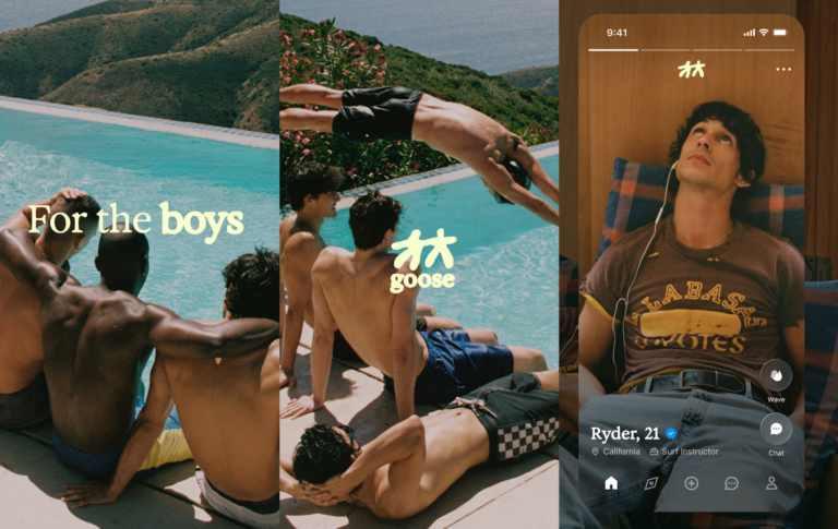 L'application de rencontres gay Goose accusée d'utiliser des hommes générés par l'IA pour attirer les utilisateurs Three images of the Goose app, two with men jumping into a sunny pool and the third with an account of Ryan, 21 with a man looking up with headphones