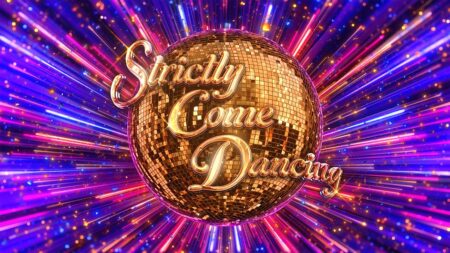 colourful explosion behind the Strictly Come Dancing golden glitter ball