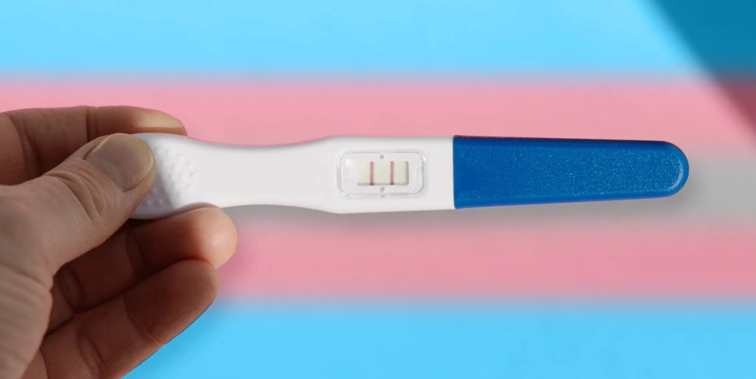 Les hommes trans pourraient être confrontés à des taux de fausses couches plus élevés, car une étude recommande davantage de recherches person holding a pregnancy test over trans flag colours