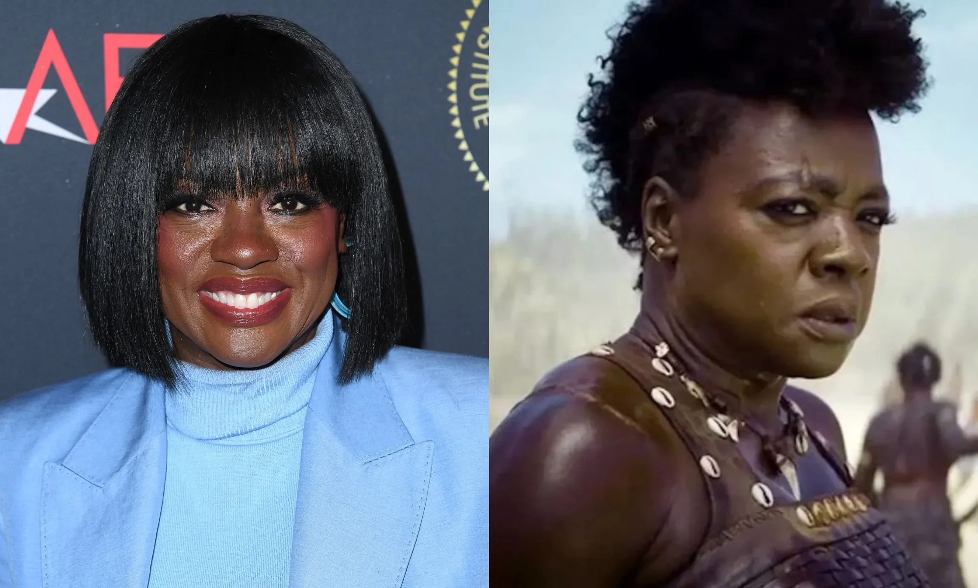 Une image côte à côte de Viola Davis portant un col roulé bleu et une veste bleue sur le tapis rouge lors du déjeuner de l'AFI à côté d'une capture d'écran de son film The Woman King.