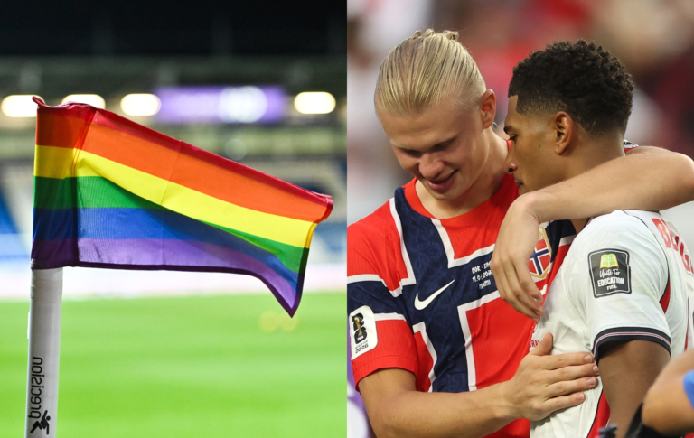 Bilan LGBTQ+ de la Coupe du monde 2026, des matchs de la fierté aux boycotts Image of a rainbow flag on a football pitch. Seperate image of Jude Bellingham #10 of England is congratulated by Erling Haaland #9 of Norway