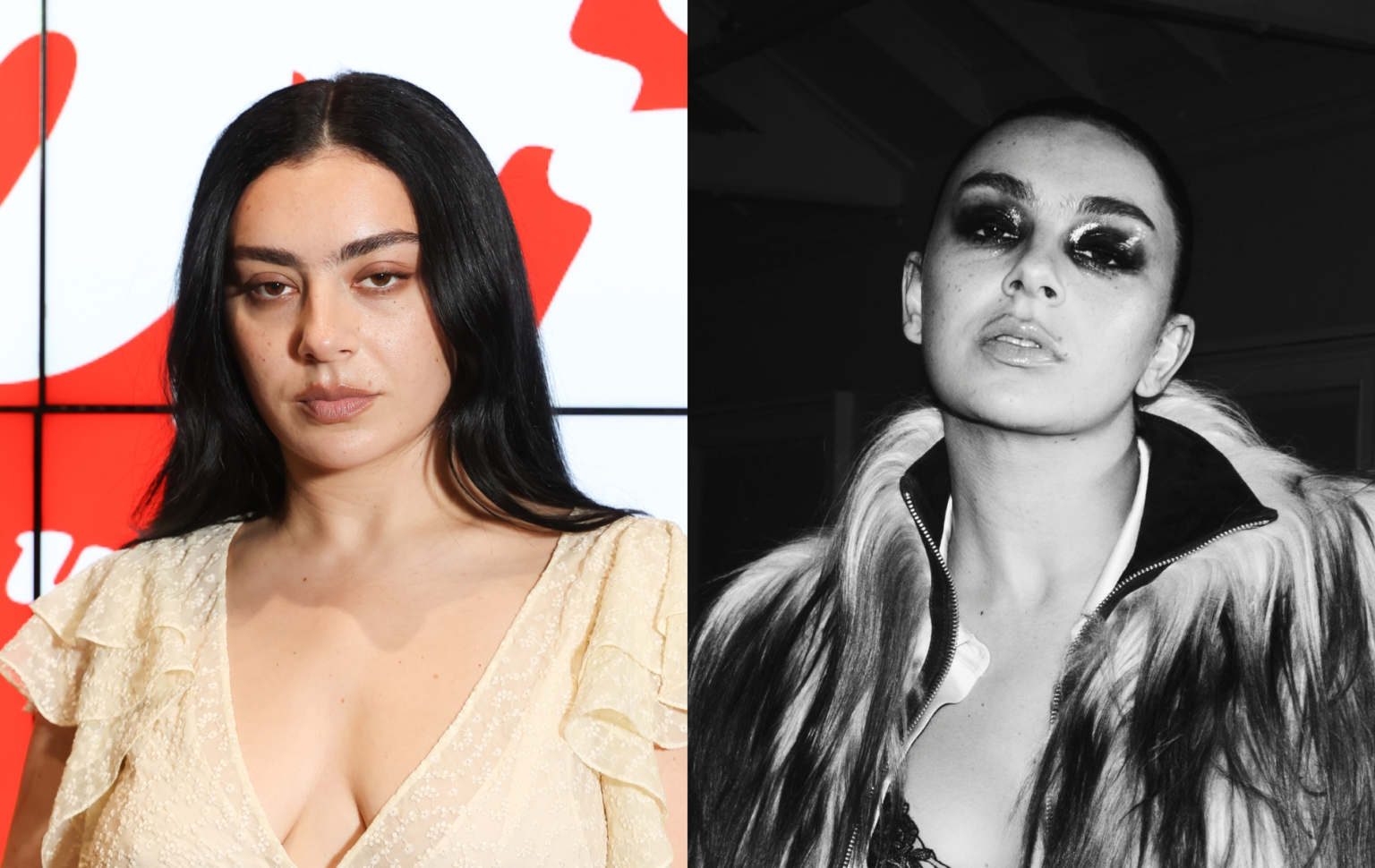 La musique, la mode et le cinéma de Charli XCX qualifiés de « désordonnés et merveilleux » dans les premières réactions Two headshots of Charli XCX: one in colour of her in a cream dress on a red carpet, the other in black and white, wearing a dramatic long haired coat and bold dark eyeshadow.