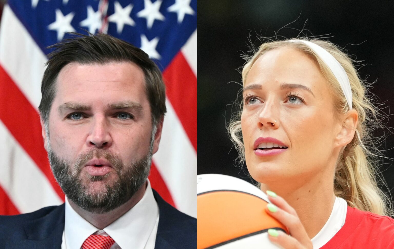 JD Vance soutient la « courageuse » Sophie Cunningham au milieu d’une dispute entre athlètes trans headshot of JD Vance in a navy suit in front of the American flag. Headshot of Sophie Cunningham in a red sweater holding a basksetball