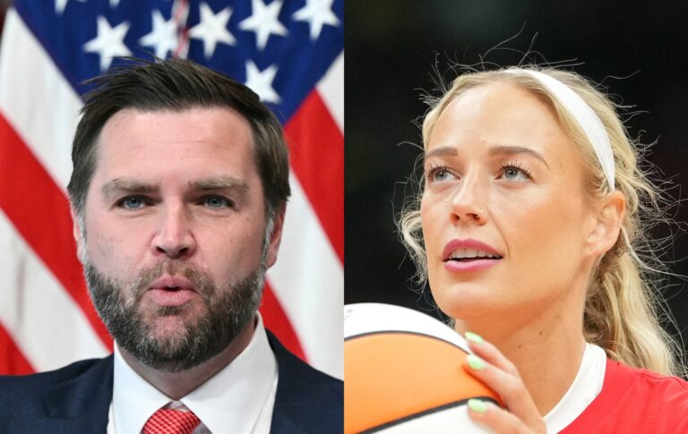 JD Vance soutient la « courageuse » Sophie Cunningham au milieu d’une dispute entre athlètes trans headshot of JD Vance in a navy suit in front of the American flag. Headshot of Sophie Cunningham in a red sweater holding a basksetball