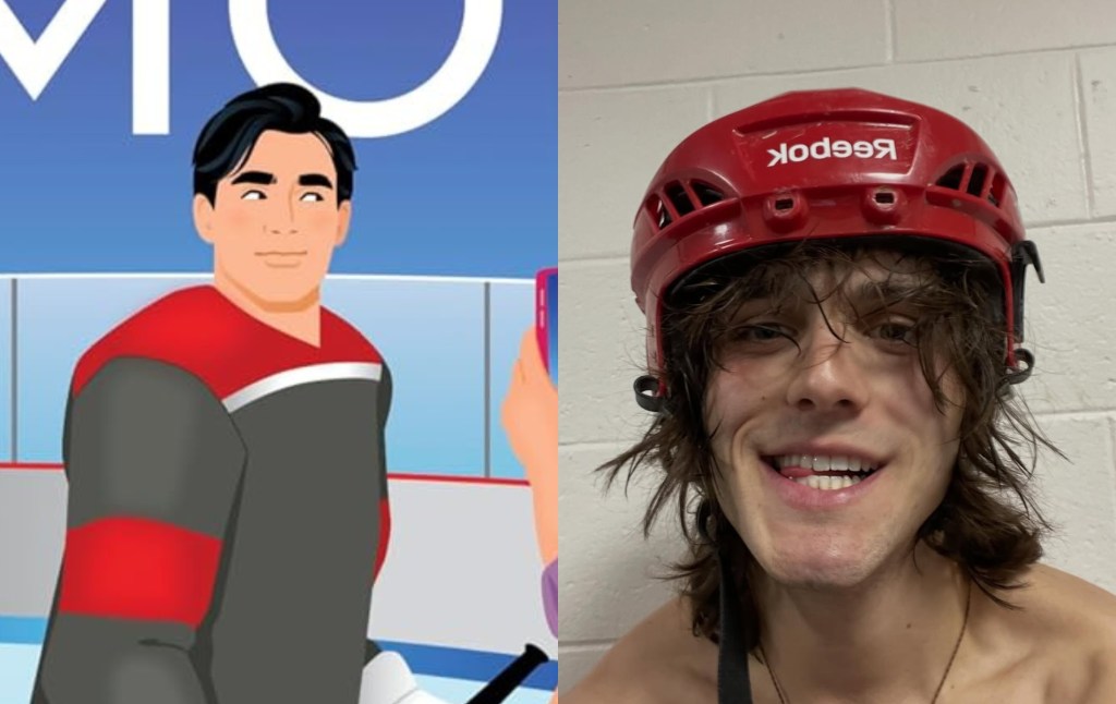 Couverture du livre Role Model, personnage de Troy. Photo de Charlie Gillespie portant un casque de hockey rouge