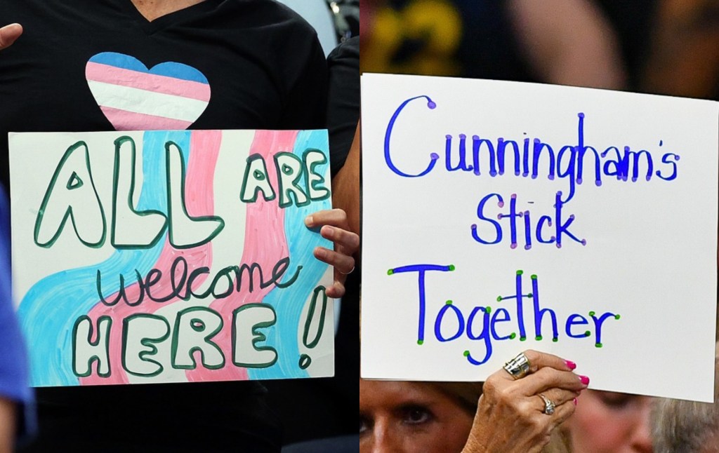 Deux images distinctes de fans dans la foule de la WNBA. L'un tenant un « tous sont les bienvenus ici » aux couleurs du drapeau trans. L'autre lecture