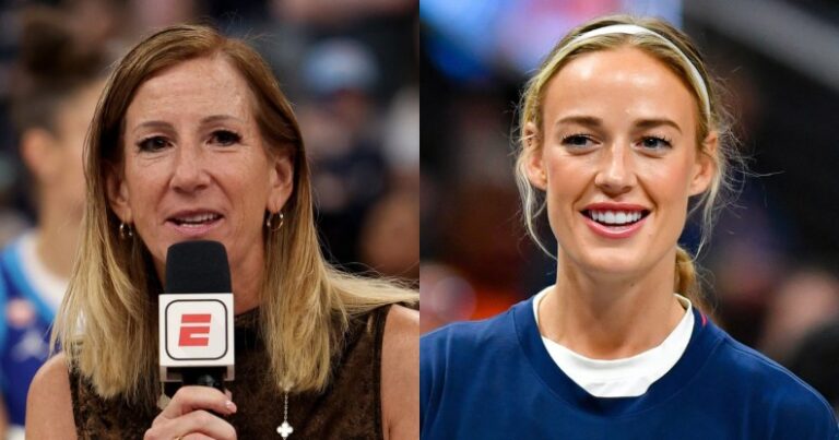 La commissaire de la WNBA, Cathy Engelbert, dénonce les tentatives de « semer la division » après le coup de Sophie Cunningham La commissaire de la WNBA, Cathy Engelbert, s'exprime à côté de l'image de Sophie Cunningham avant le match.