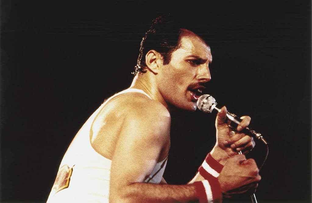 Freddie Mercury se produisant au Milton Keynes National Bowl en 1982.