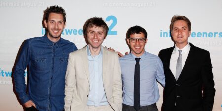 SYDNEY, AUSTRALIA - AUGUST 13: (L-R) Blake Harrison, James Buckley, Simon Bird and Joe Thomas arrive at the premier of The Inbetweeners 2 at Event Cinemas George Street on August 13, 2014 in Sydney,