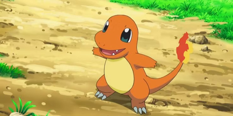 L'image montre Charmander, un Pokémon ressemblant à une salamandre avec une queue de feu