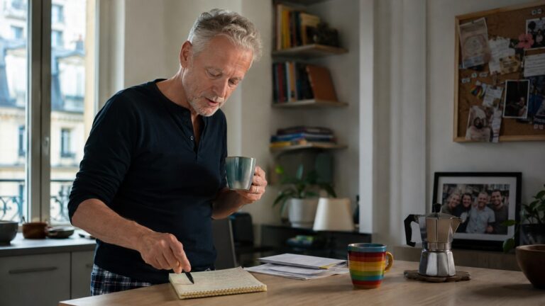 Après 60 ans les hommes gays qui vivent seuls partagent cette même habitude selon les psychologues : et ce n’est pas la solitude Un homme gay de plus de 60 ans se parle à voix haute dans sa cuisine