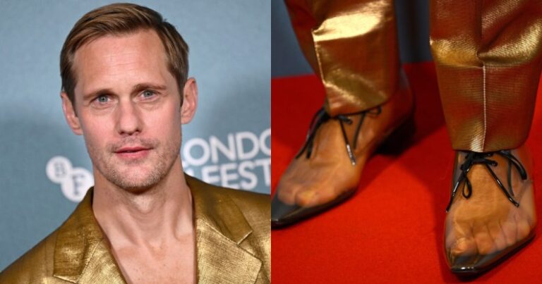 Alexander Skarsgård se montre sur le tapis rouge de Wicker Portrait d'Alexander Skarsgård et ses chaussures transparentes